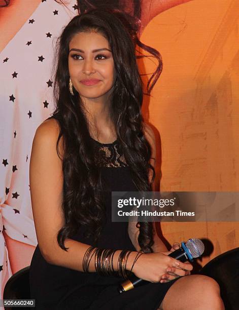 Bollywood actor Navneet Kaur Dhillon during the trailer launch of film Loveshhuda on January 6, 2016 in Mumbai, India. Loveshhuda follows two...