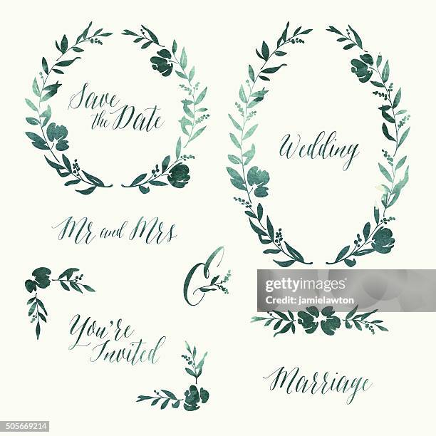 watercolour wedding invitation design elements - laurel wreath stock illustrations