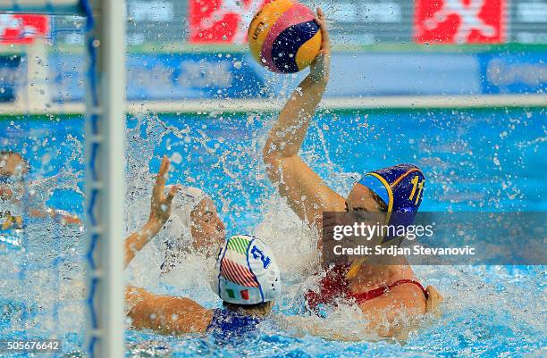 Maica Garsia of Spain in action against Chiara Tabani of Italy during the Women's Preliminary Group B match between Italy and Spain at the Waterpolo...