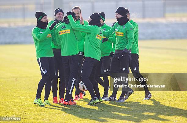 Oscar Wendt, Josip Drmic Branimir Hrgota, Martin Stranzl, Lars Stindl, Jonas Hofmann, Havard Nordtveit and Granit Xhaka during a training session of...