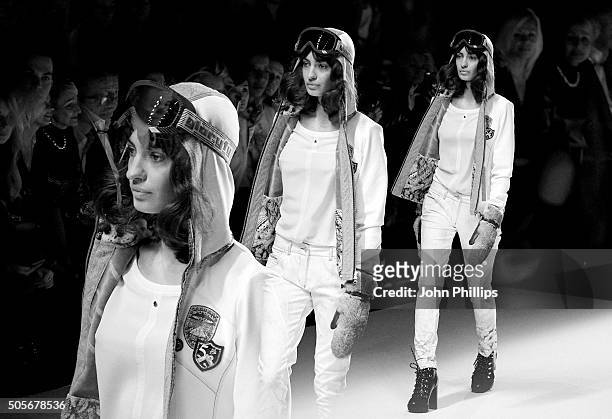 Model walks the runway at the Sportalm show during the Mercedes-Benz Fashion Week Berlin Autumn/Winter 2016 at Brandenburg Gate on January 19, 2016...