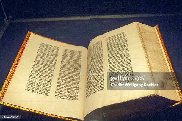 An original Gutenberg bible on display in the Gutenberg Museum in the old town of Mainz in Germany.