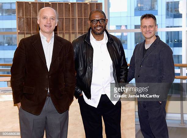 Frank Wood,Forest Whitaker and director Michael Grandage attend the "Hughie" Broadway Cast Photocall at The New 42nd Street Studios on January 19,...
