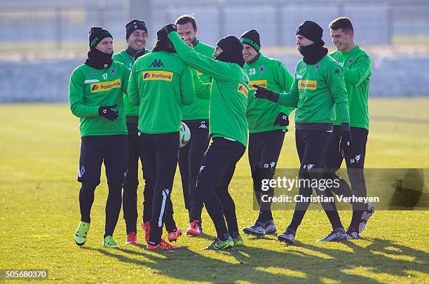 Oscar Wendt, Josip Drmic Branimir Hrgota, Martin Stranzl, Lars Stindl, Jonas Hofmann, Havard Nordtveit and Granit Xhaka during a training session of...