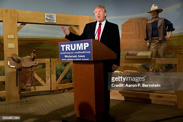 Republican presidential candidate Donald Trump speaks at the John Wayne Birthplace Museum on January 19, 2016 in Winterset, Iowa. Trump received the...