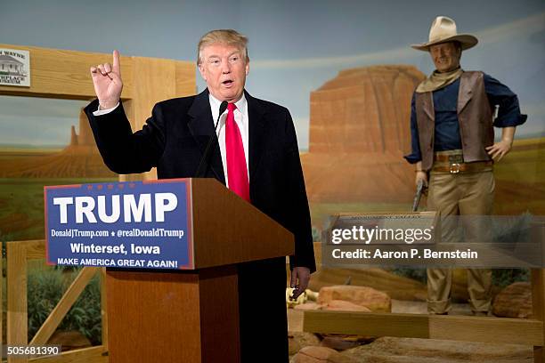 Republican presidential candidate Donald Trump speaks at the John Wayne Birthplace Museum on January 19, 2016 in Winterset, Iowa. Trump received the...