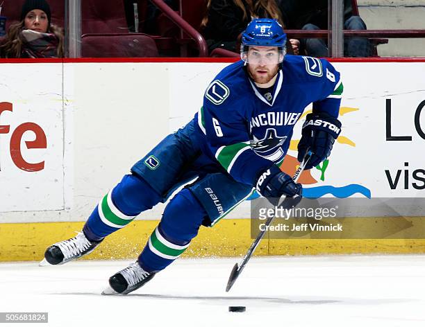 Yannick Weber of the Vancouver Canucks skates up ice during their NHL game against the Anaheim Ducks at Rogers Arena January 1, 2016 in Vancouver,...