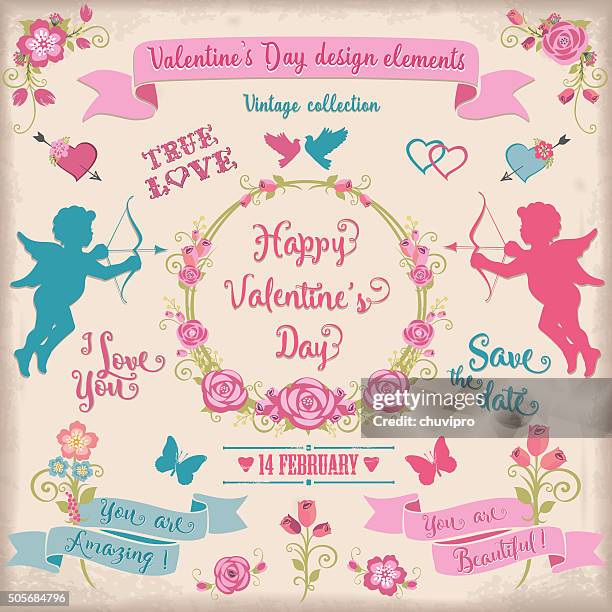 valentine's day vintage design elements set - save the date stock illustrations