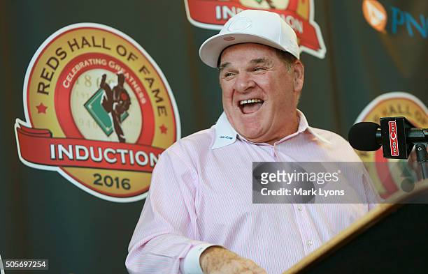 Former Cincinnati Reds player Pete Rose laughs during a press conference at the Champions Club at Great American Ball Park on January 19, 2016 in...