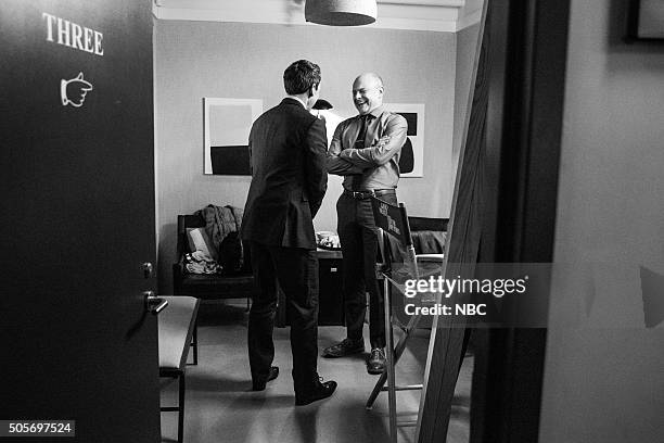 Episode 313 -- Pictured: Host Seth Meyers and actor Rob Corddry backstage on January 18, 2016 --