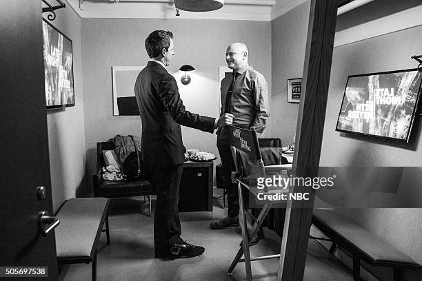Episode 313 -- Pictured: Host Seth Meyers and actor Rob Corddry backstage on January 18, 2016 --