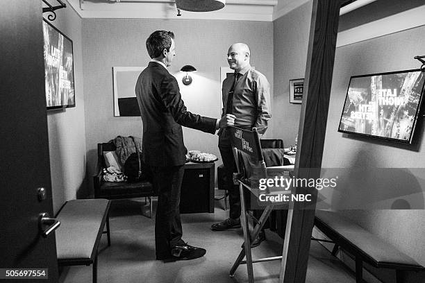 Episode 313 -- Pictured: Host Seth Meyers and actor Rob Corddry backstage on January 18, 2016 --