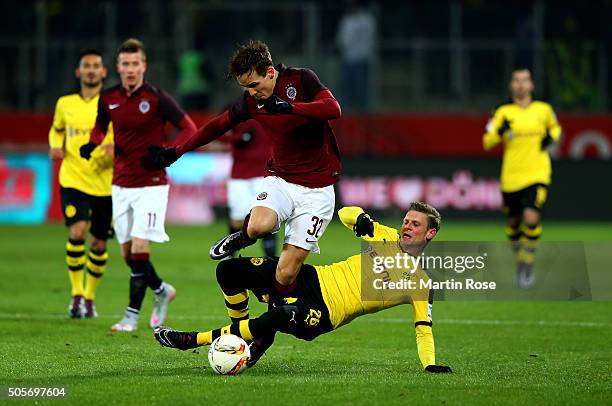 Lukas Piszczek of Dortmund and of Josef Sural Prague battle for the ball during the friendly match between Borussia Dortmund and Sparta Prague at at...