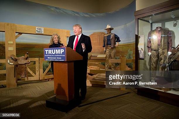 Republican presidential candidate Donald Trump speaks at the John Wayne Birthplace Museum on January 19, 2016 in Winterset, Iowa. Trump received the...