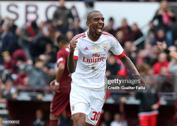 Benfica's midfielder from Brazil Anderson Talisca celebrates after scoring a goal during the Taca da Liga match between Oriental Lisboa and SL...