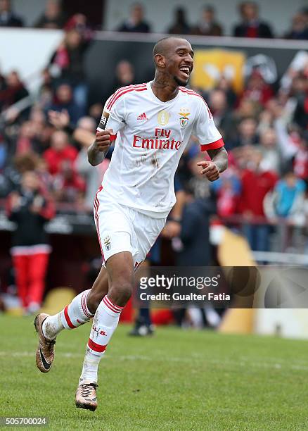 Benfica's midfielder from Brazil Anderson Talisca celebrates after scoring a goal during the Taca da Liga match between Oriental Lisboa and SL...