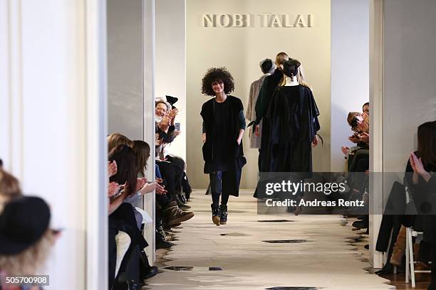 Designer Nobieh Talaei is seen on the runway after the show of her label Nobi Talai as part of Der Berliner Mode Salon during the Mercedes-Benz...