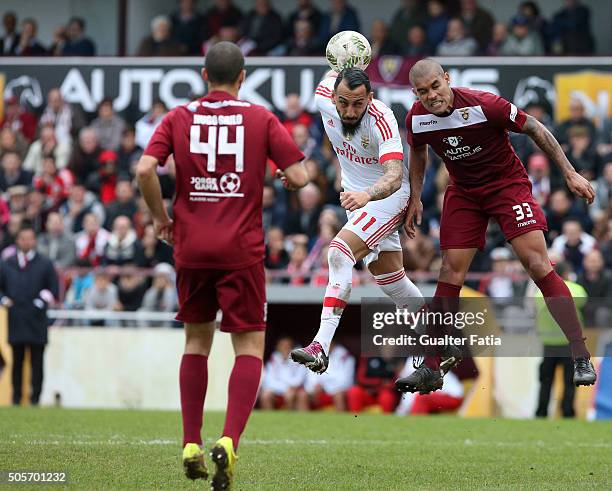 Benfica's forward from Greece Kostas Mitroglou with Oriental Lisboa's defender Diego Tavares in action during the Taca da Liga match between Oriental...