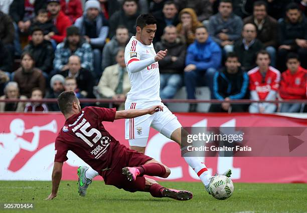 Benfica's forward from Mexico Raul Jimenez with Oriental Lisboa's defender Joao Amorim in action during the Taca da Liga match between Oriental...