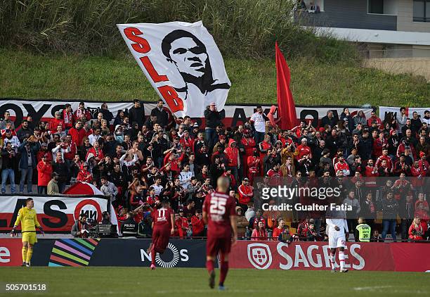Benfica's supporters in action during the Taca da Liga match between Oriental Lisboa and SL Benfica at Estadio Engenheiro Carlos Salema on January...