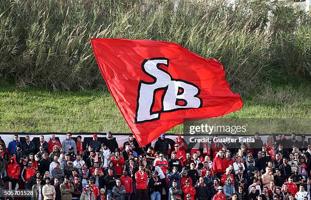 Benfica's supporters in action during the Taca da Liga match between Oriental Lisboa and SL Benfica at Estadio Engenheiro Carlos Salema on January...