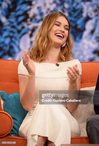 Actress Lily James is seen during on the set of Univisions Despierta America to promote the film Pride and Prejudice and Zombies at Univision Studios...