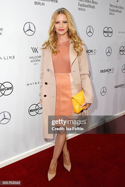Jennifer Ulrich attends the Marc Cain show during the Mercedes-Benz Fashion Week Berlin Autumn/Winter 2016 at Brandenburg Gate on January 19, 2016 in...