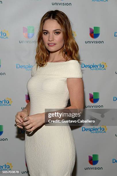 Actress Lily James is seen during on the set of Univisions Despierta America to promote the film Pride and Prejudice and Zombies at Univision Studios...