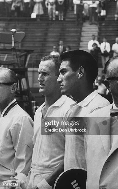 Tennis players Alex Olmedo and Neale Fraser playing in Davis Cup Tournament.