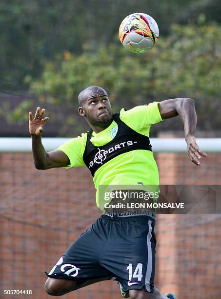 Colombian forward Victor Ibarbo heads the ball during a training session of the Atletico Nacional team in Medellin, Colombia, on January 19, 2016....