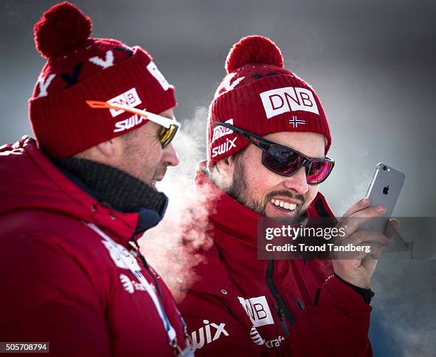 Coach Stian Eckhoff and coach Joar Himle of Norway during the Biathlon training at the IBU Biathlon World Cup Antholtz on January 19, 2016 in...