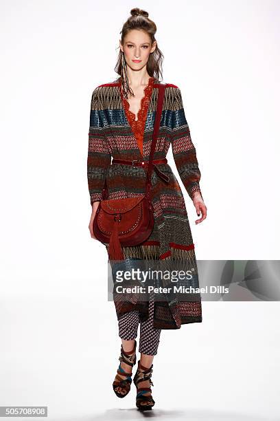 Franziska Muller walks the runway at the Riani show during the Mercedes-Benz Fashion Week Berlin Autumn/Winter 2016 at Brandenburg Gate on January...