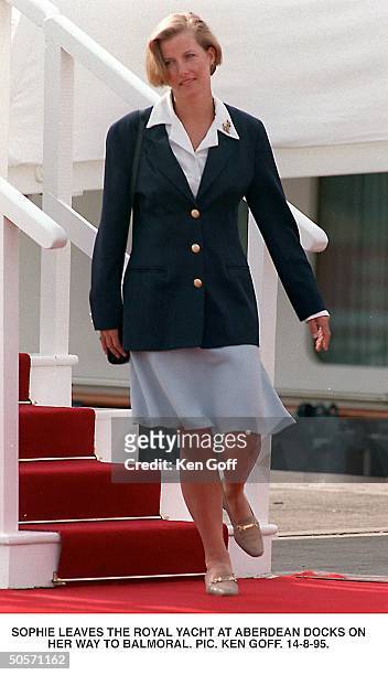 Sophie Rhys-Jones, friend of Britain's Prince Edward, leaving the Royal Yacht at Aberdeen Docks on her way to Balmoral.