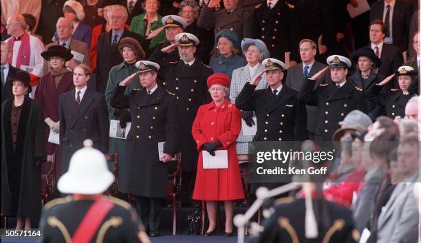 Sophie Rhys-Jones w. The British Royals; Prince Edward, Prince Charles, Queen Elizabeth, Prince Philip, Prince Andrew and Princess Anne, saluting...