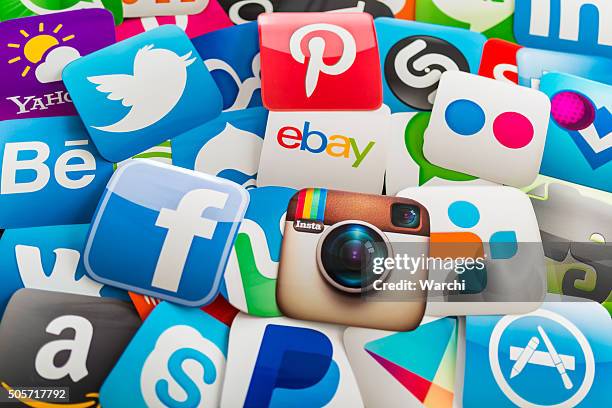 many social media icons printed on paper - amazon-vines stock pictures, royalty-free photos & images
