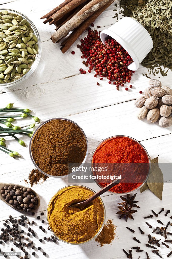 Some spices and herbs shot directly above on white table