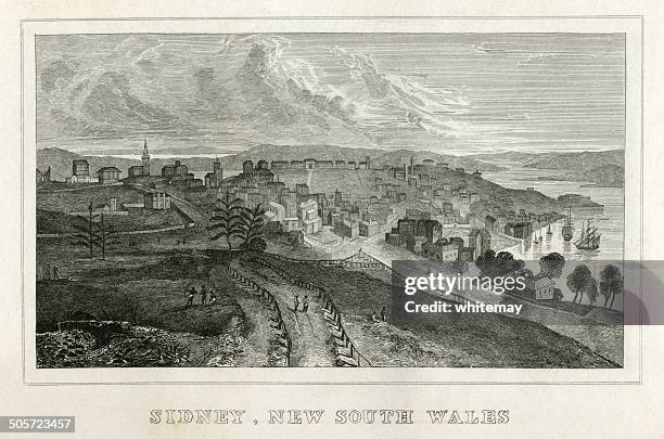 stockillustraties, clipart, cartoons en iconen met sydney, new south wales (early 19th century engraving) - sydney australia