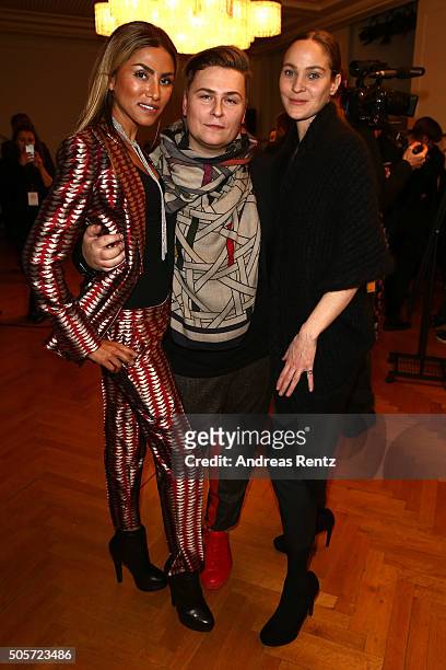 Sabrina Setlur, designer Dawid Tomaszewski and Jeanette Hain attend the Dawid Tomaszewski fashion show intervention A/W 2016/17 as part of Der...
