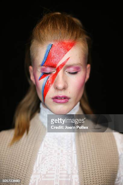 Model is seen backstage ahead of the Riani show during the Mercedes-Benz Fashion Week Berlin Autumn/Winter 2016 at Brandenburg Gate on January 19,...