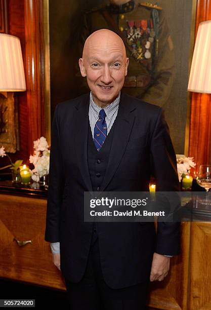 Stephen Jones attends a dinner in honour of Justine Picardie to celebrate the book 'Dior by Avedon' at the Beaumont Hotel on January 19, 2016 in...