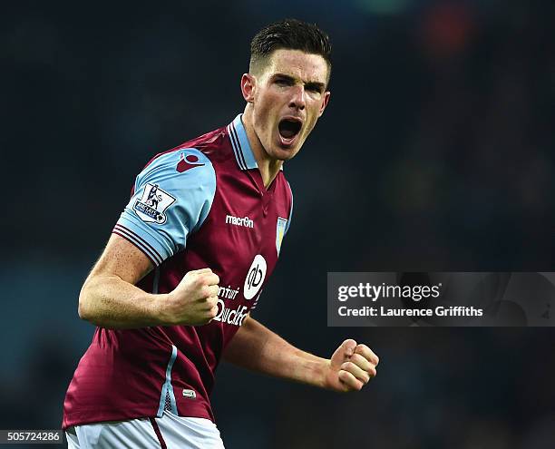 Ciaran Clark of Aston Villa celebrates scoring his team's first goal during the Emirates FA Cup Third Round Replay match between Aston Villa and...