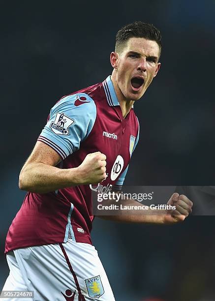 Ciaran Clark of Aston Villa celebrates scoring his team's first goal during the Emirates FA Cup Third Round Replay match between Aston Villa and...