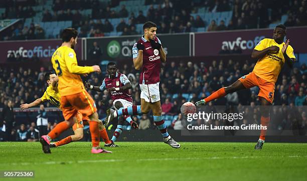 Idrissa Gueye of Aston Villa scores his team's second goal during the Emirates FA Cup Third Round Replay match between Aston Villa and Wycombe...