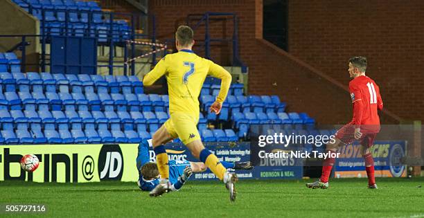 Daniel Trickett-Smith of Liverpool scores during the Liverpool v Leeds United U21 Premier League Cup game at Prenton Park on January 19, 2016 in...