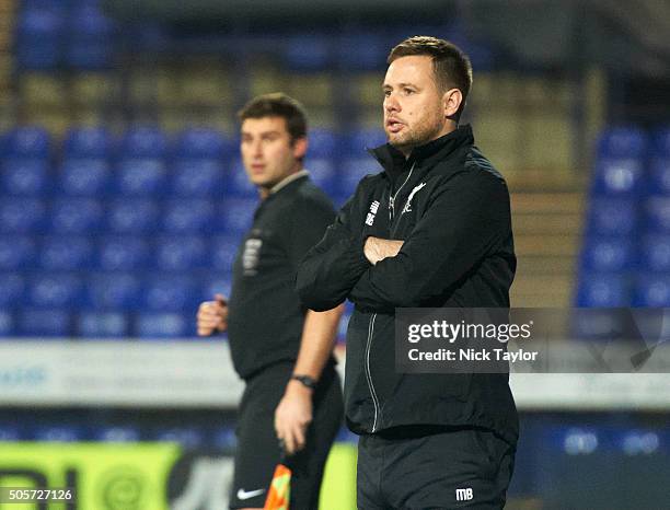 Liverpool U21 coach Michael Beale during the Liverpool v Leeds United U21 Premier League Cup game at Prenton Park on January 19, 2016 in Birkenhead,...