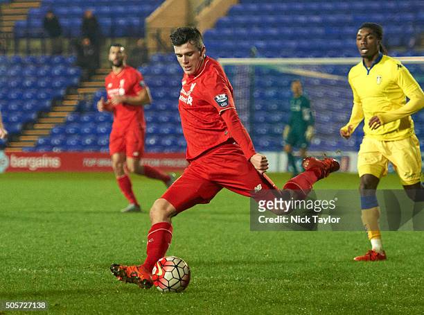Alex O'Hanlon of Liverpool in action during the Liverpool v Leeds United U21 Premier League Cup game at Prenton Park on January 19, 2016 in...