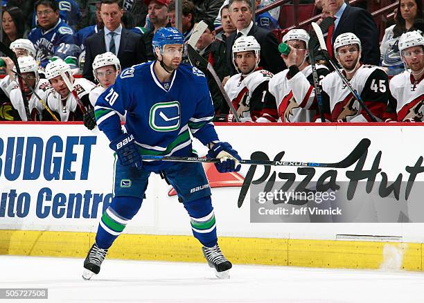 Chris Higgins of the Vancouver Canucks skates up ice during their NHL game against the Arizona Coyotes at Rogers Arena January 4, 2016 in Vancouver,...