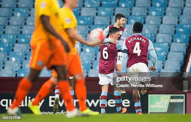 Charan Clark of Aston Villa celebrates his goal for Aston Villa during the FA Cup Third Round Relay match between Aston Villa and Wycombe Wanderers...