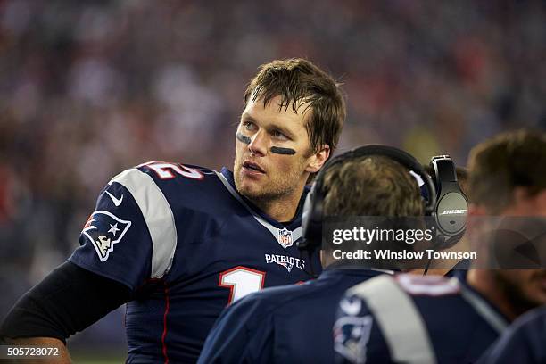 Playoffs: Closeup of New England Patriots QB Tom Brady during game vs Kansas City Chiefs at Gillette Stadium. Foxborough, MA 1/16/2016 CREDIT:...