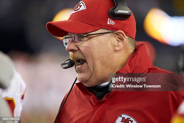 Playoffs: Closeup of Kansas City Chiefs coach Andy Reid during game vs New England Patriots at Gillette Stadium. Foxborough, MA 1/16/2016 CREDIT:...